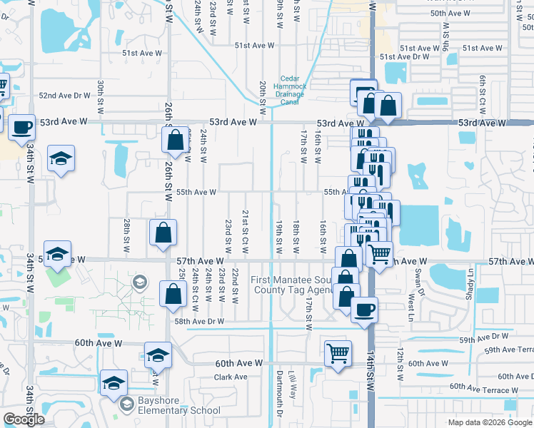 map of restaurants, bars, coffee shops, grocery stores, and more near 5518 19th Street West in Bradenton