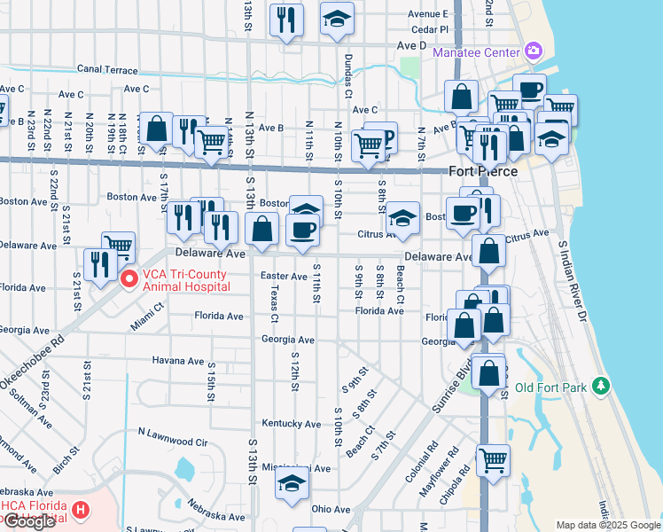 map of restaurants, bars, coffee shops, grocery stores, and more near 524 South 11th Street in Fort Pierce