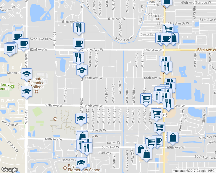 map of restaurants, bars, coffee shops, grocery stores, and more near 5537 23rd Street West in Bradenton