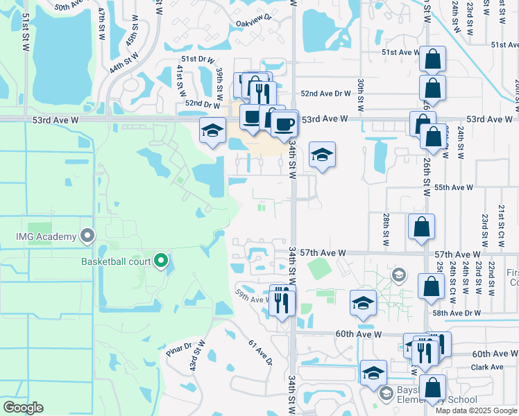 map of restaurants, bars, coffee shops, grocery stores, and more near 34th Street West in Bradenton