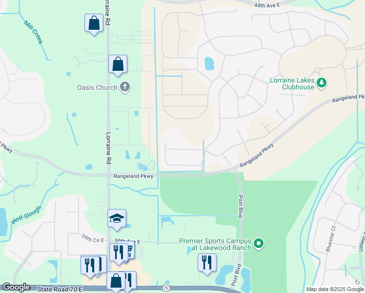 map of restaurants, bars, coffee shops, grocery stores, and more near 15210 East State Road 70 in Bradenton