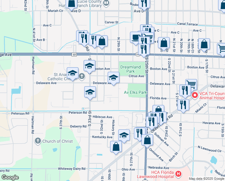 map of restaurants, bars, coffee shops, grocery stores, and more near 2909 Delaware Avenue in Fort Pierce