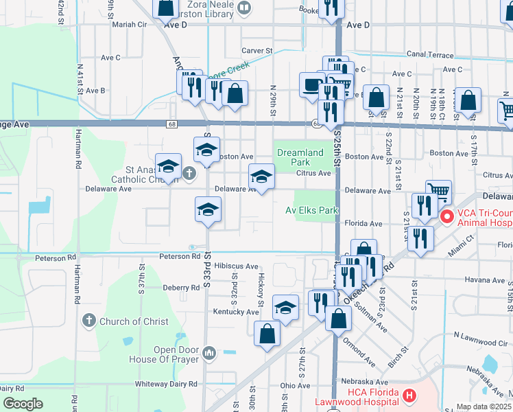 map of restaurants, bars, coffee shops, grocery stores, and more near 2909 Delaware Avenue in Fort Pierce