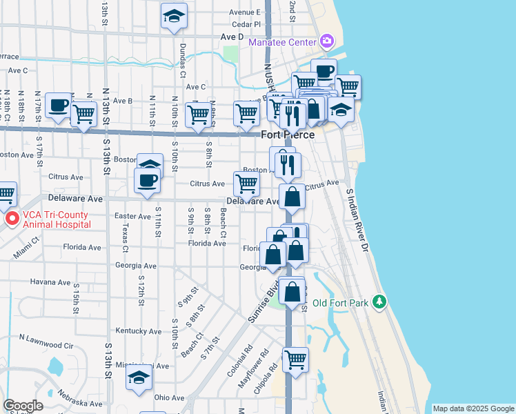 map of restaurants, bars, coffee shops, grocery stores, and more near 514 South 6th Street in Fort Pierce