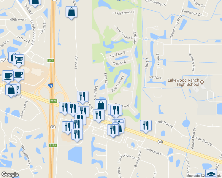 map of restaurants, bars, coffee shops, grocery stores, and more near 8705 53rd Terrace East in Bradenton