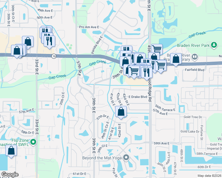 map of restaurants, bars, coffee shops, grocery stores, and more near 5519 41st Street East in Bradenton