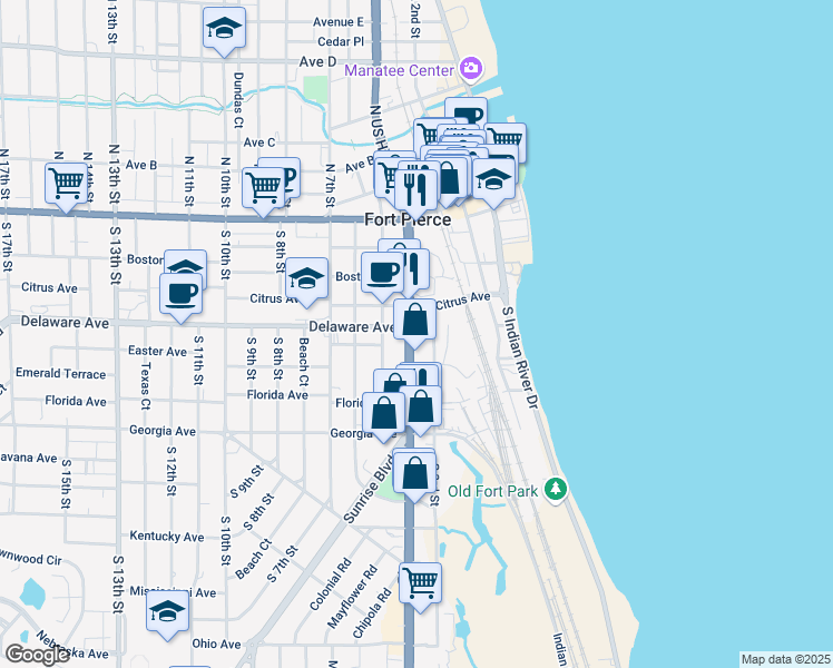 map of restaurants, bars, coffee shops, grocery stores, and more near 511 South 3rd Street in Fort Pierce