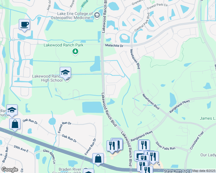 map of restaurants, bars, coffee shops, grocery stores, and more near 11260 Ranch Creek Terrace in Bradenton