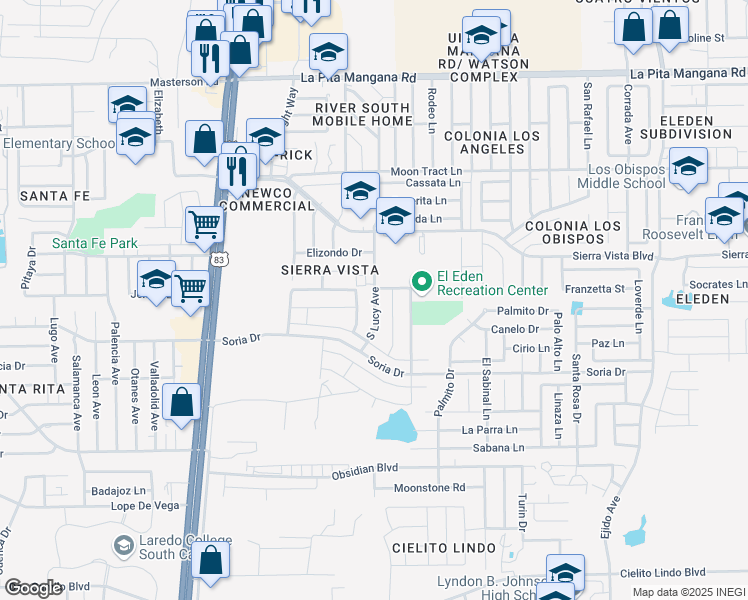 map of restaurants, bars, coffee shops, grocery stores, and more near 4620 South Lucy Avenue in Laredo
