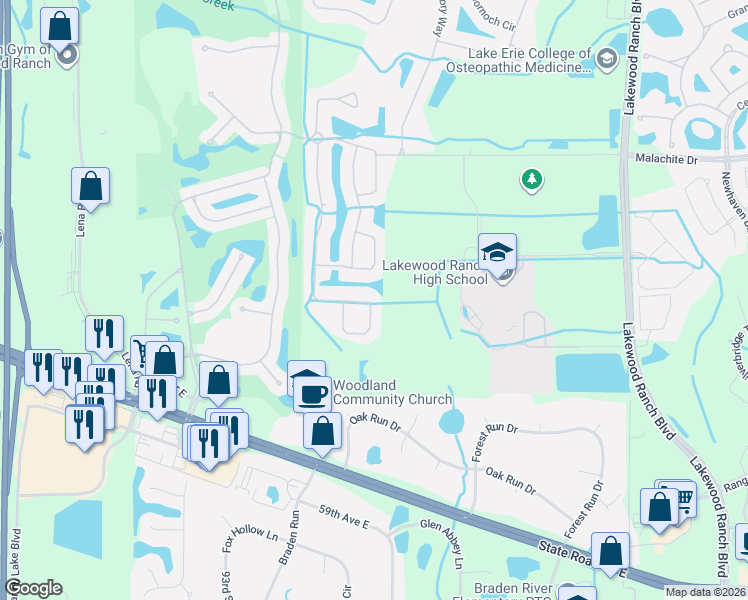 map of restaurants, bars, coffee shops, grocery stores, and more near 9723 53rd Terrace East in Bradenton