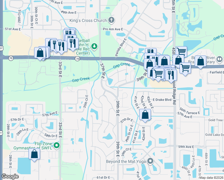 map of restaurants, bars, coffee shops, grocery stores, and more near 5516 37th Street East in Bradenton