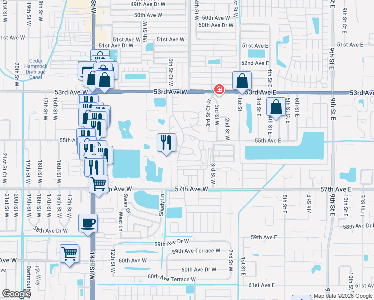 map of restaurants, bars, coffee shops, grocery stores, and more near 5506 Chateau Lane West in Bradenton