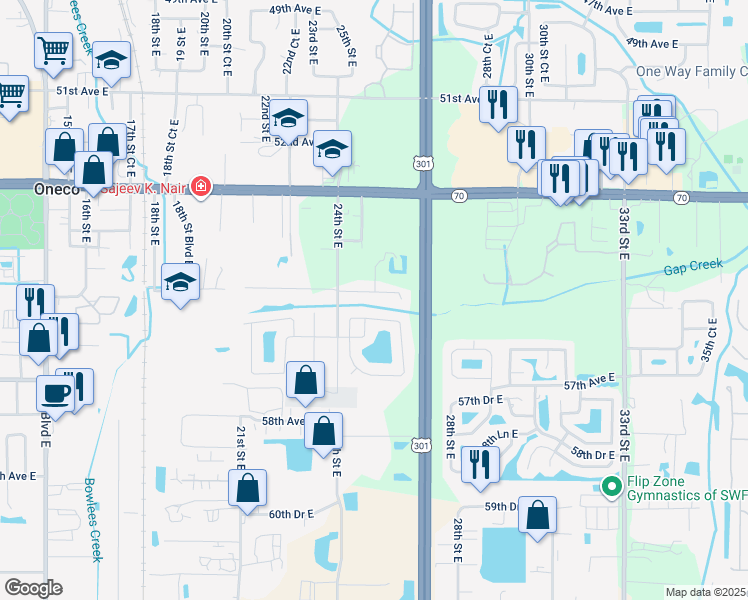 map of restaurants, bars, coffee shops, grocery stores, and more near 2419 55th Avenue East in Bradenton