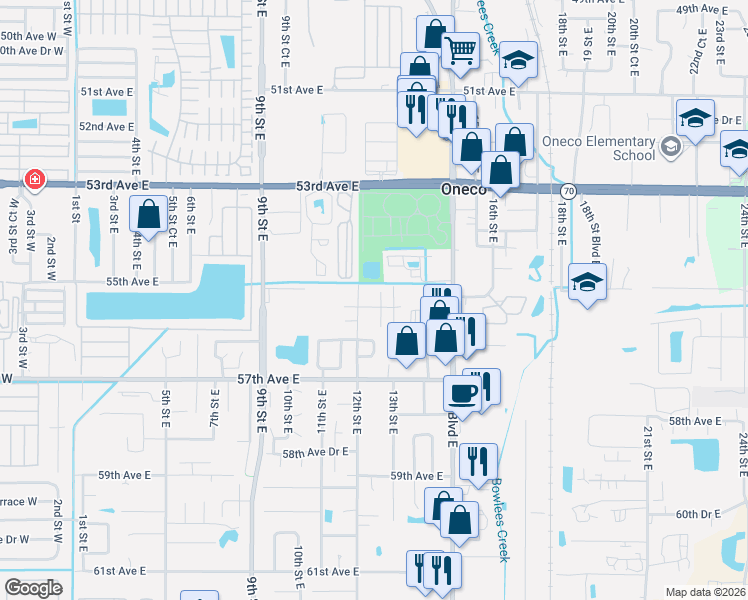 map of restaurants, bars, coffee shops, grocery stores, and more near 5504 13th Street East in Bradenton