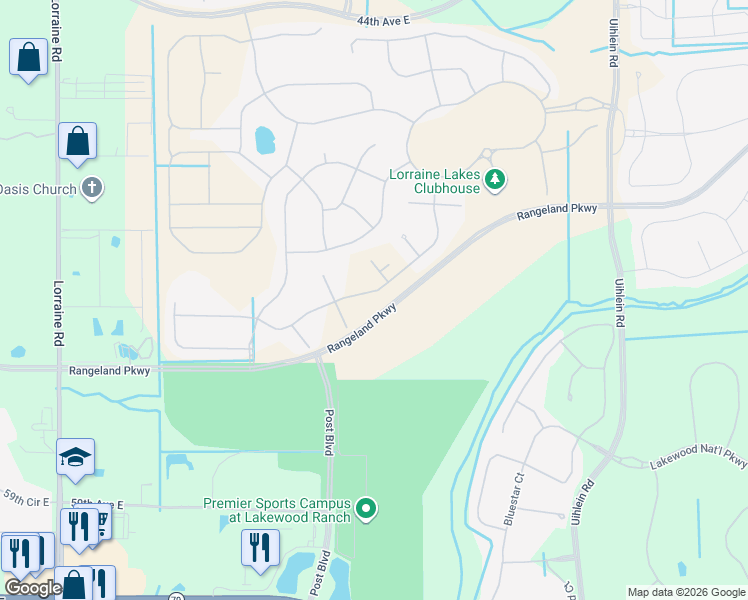 map of restaurants, bars, coffee shops, grocery stores, and more near 15826 Sunny Day Drive in Bradenton