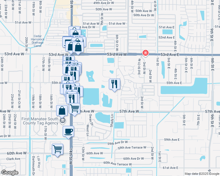map of restaurants, bars, coffee shops, grocery stores, and more near 5520 Fountain Lake Circle in Bradenton