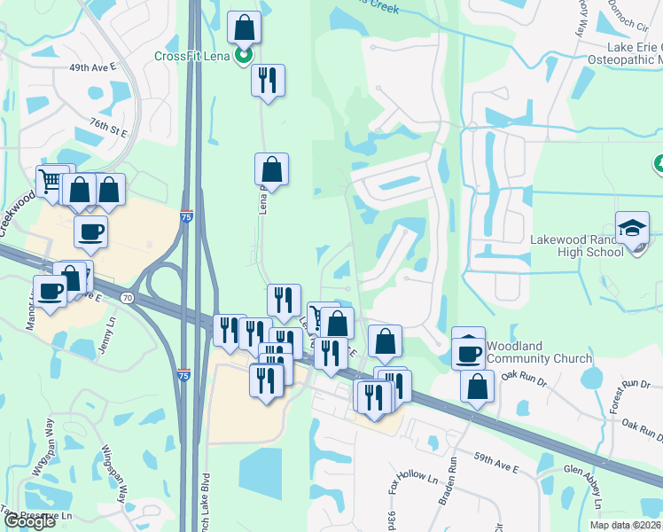 map of restaurants, bars, coffee shops, grocery stores, and more near 8557 54th Avenue Circle East in Bradenton