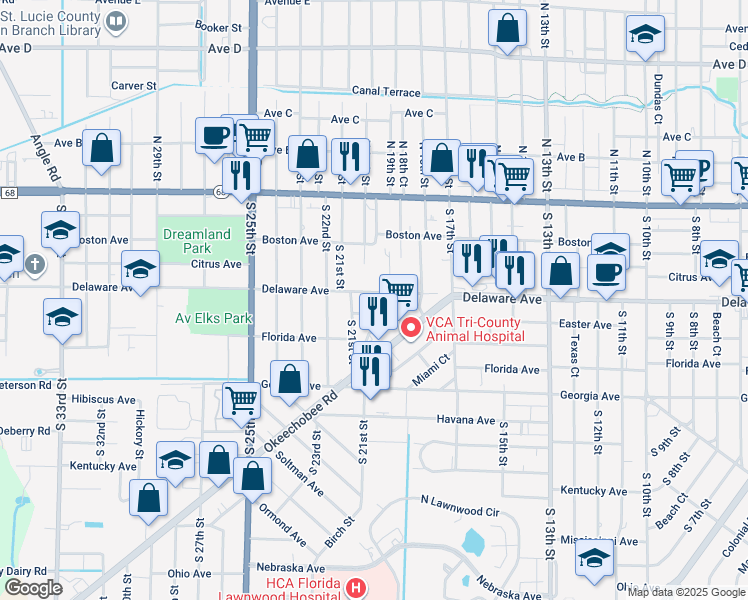 map of restaurants, bars, coffee shops, grocery stores, and more near 1912 Delaware Avenue in Fort Pierce