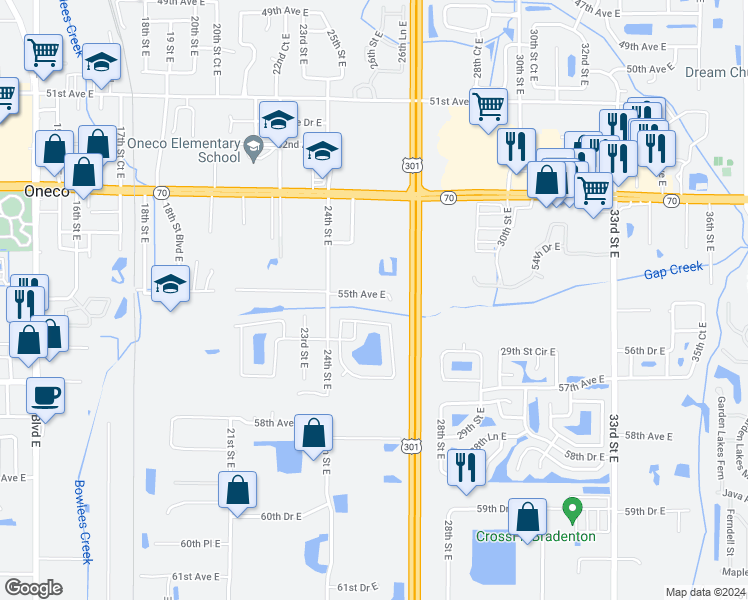 map of restaurants, bars, coffee shops, grocery stores, and more near 2506 55th Avenue East in Bradenton