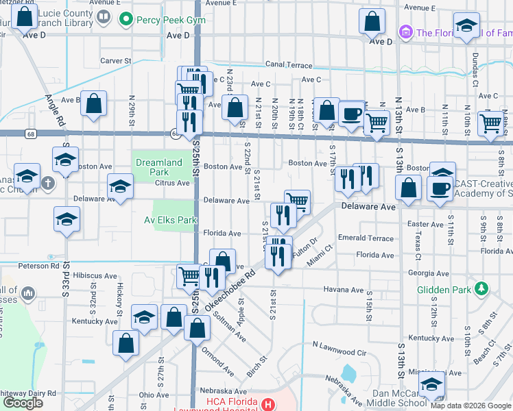 map of restaurants, bars, coffee shops, grocery stores, and more near 2020 Delaware Avenue in Fort Pierce