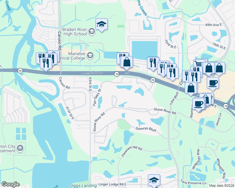 map of restaurants, bars, coffee shops, grocery stores, and more near 102 The Terraces in Bradenton
