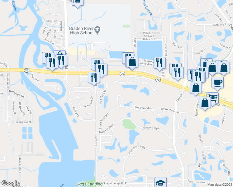 map of restaurants, bars, coffee shops, grocery stores, and more near 102 The Terraces in Bradenton