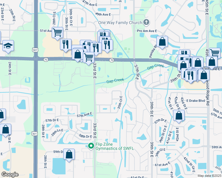 map of restaurants, bars, coffee shops, grocery stores, and more near 5424 35th Street East in Bradenton