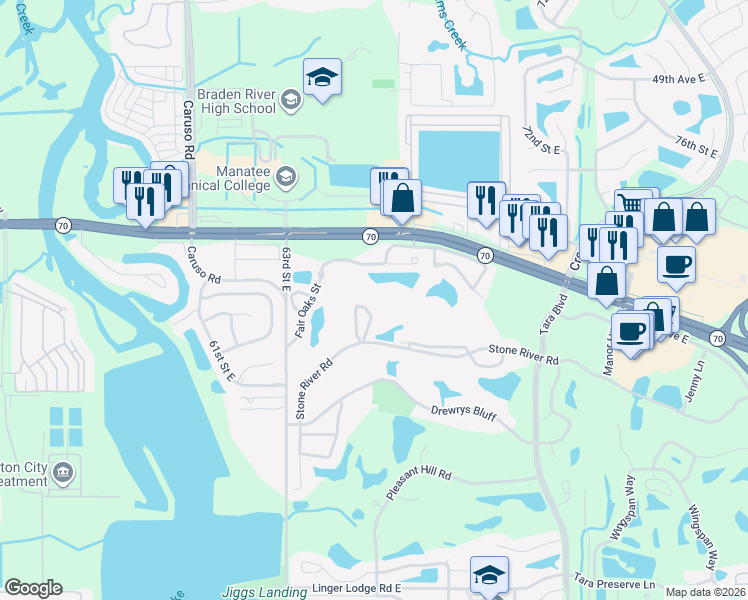 map of restaurants, bars, coffee shops, grocery stores, and more near 102 The Terraces in Bradenton