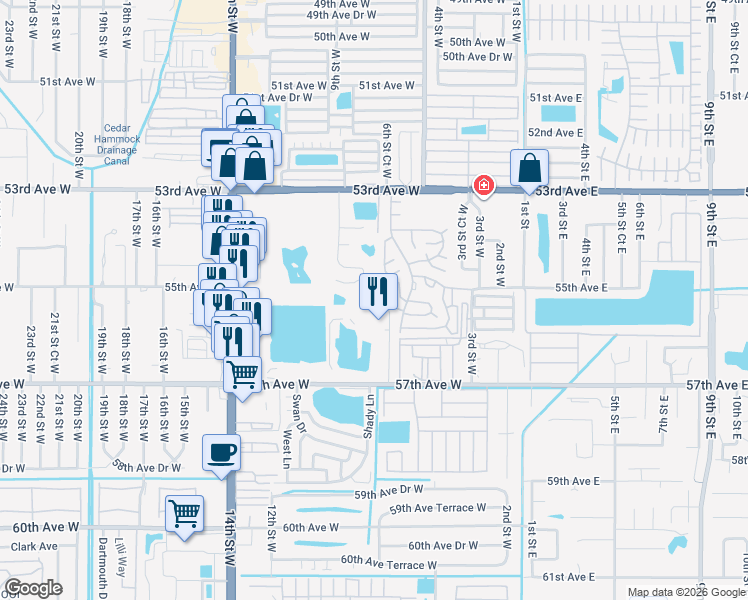 map of restaurants, bars, coffee shops, grocery stores, and more near 4205 Fountain Lake Circle in Bradenton