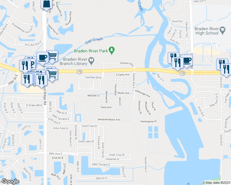 map of restaurants, bars, coffee shops, grocery stores, and more near 613 East Flora Circle in Bradenton