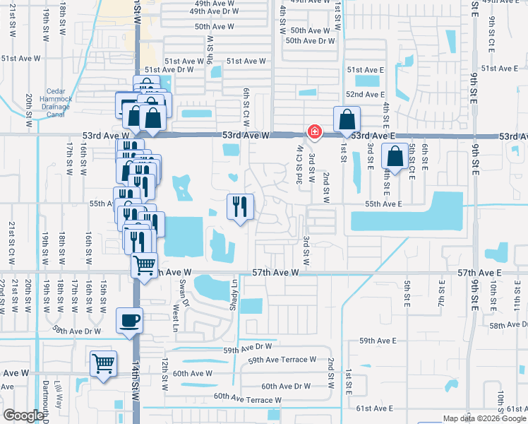 map of restaurants, bars, coffee shops, grocery stores, and more near 5506 Chateau Lane West in Bradenton