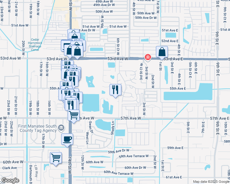 map of restaurants, bars, coffee shops, grocery stores, and more near 4205 Fountain Lake Circle in Bradenton