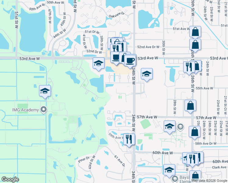 map of restaurants, bars, coffee shops, grocery stores, and more near 3701 54th Drive West in Bradenton