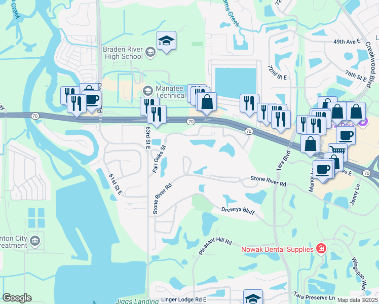map of restaurants, bars, coffee shops, grocery stores, and more near 102 The Terraces in Bradenton