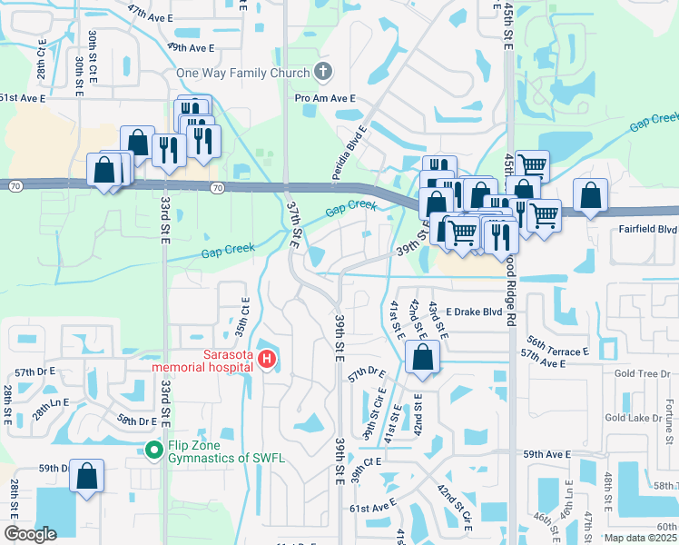 map of restaurants, bars, coffee shops, grocery stores, and more near 5516 39th Street East in Bradenton