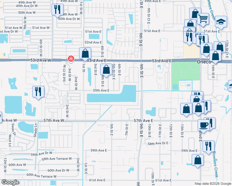 map of restaurants, bars, coffee shops, grocery stores, and more near 118 55th Avenue East in Bradenton