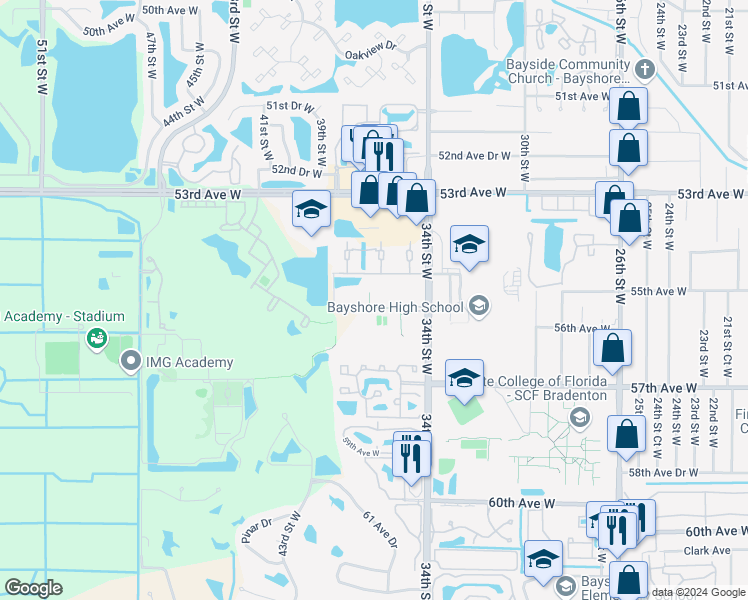 map of restaurants, bars, coffee shops, grocery stores, and more near 3510 54th Drive West in Bradenton
