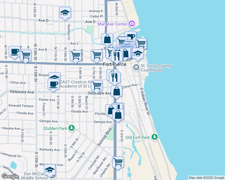map of restaurants, bars, coffee shops, grocery stores, and more near 419 South US Highway 1 in Fort Pierce
