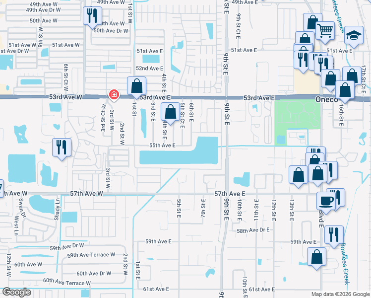 map of restaurants, bars, coffee shops, grocery stores, and more near 118 55th Avenue East in Bradenton