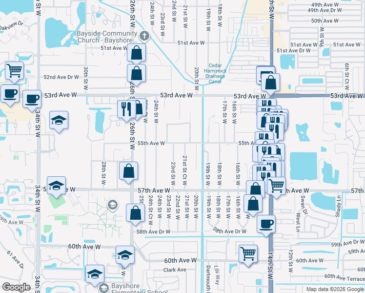 map of restaurants, bars, coffee shops, grocery stores, and more near 2104 55th Avenue West in Bradenton