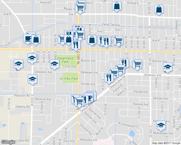 map of restaurants, bars, coffee shops, grocery stores, and more near 2301 Delaware Avenue in Fort Pierce