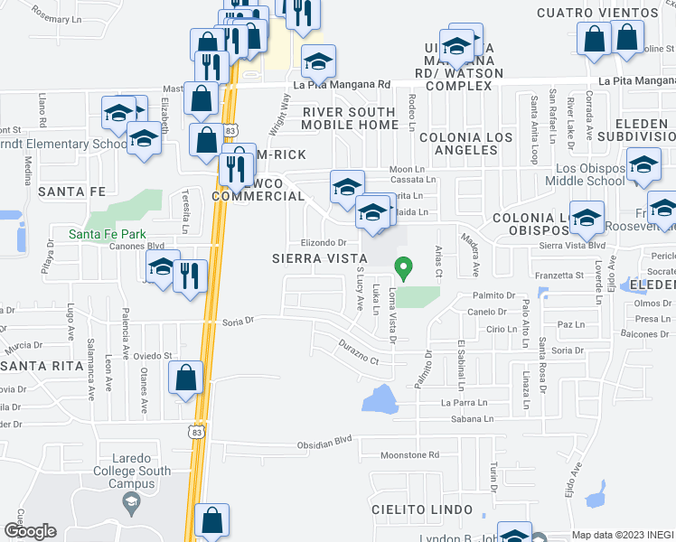 map of restaurants, bars, coffee shops, grocery stores, and more near 2216 Los Cerezos Drive in Laredo