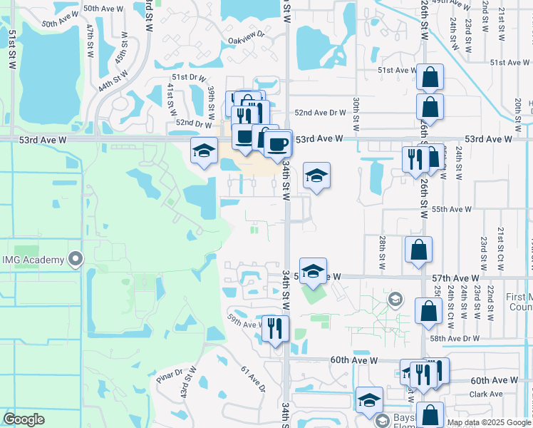map of restaurants, bars, coffee shops, grocery stores, and more near 3510 54th Drive West in Bradenton