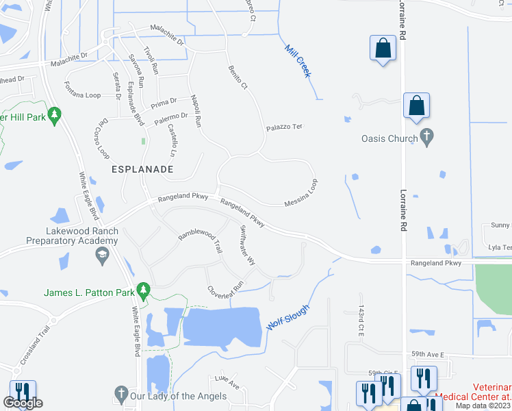 map of restaurants, bars, coffee shops, grocery stores, and more near 13703 Messina Loop in Bradenton