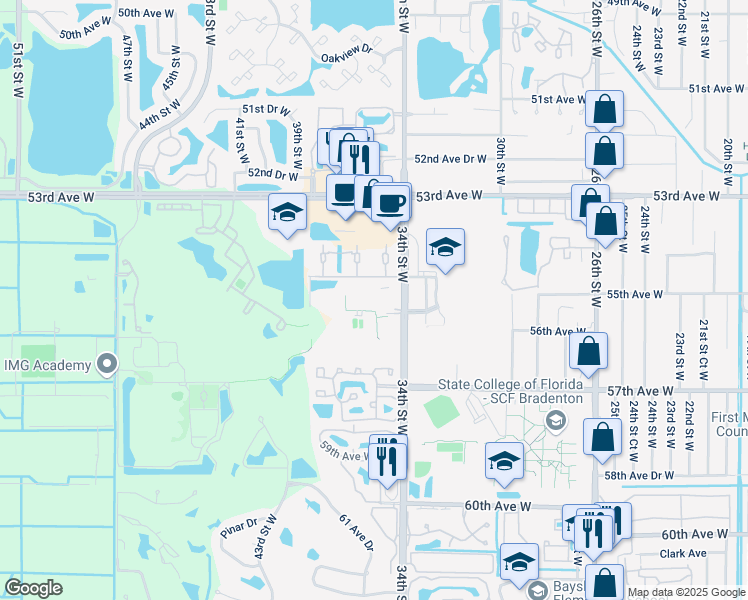 map of restaurants, bars, coffee shops, grocery stores, and more near 3510 54th Drive West in Bradenton