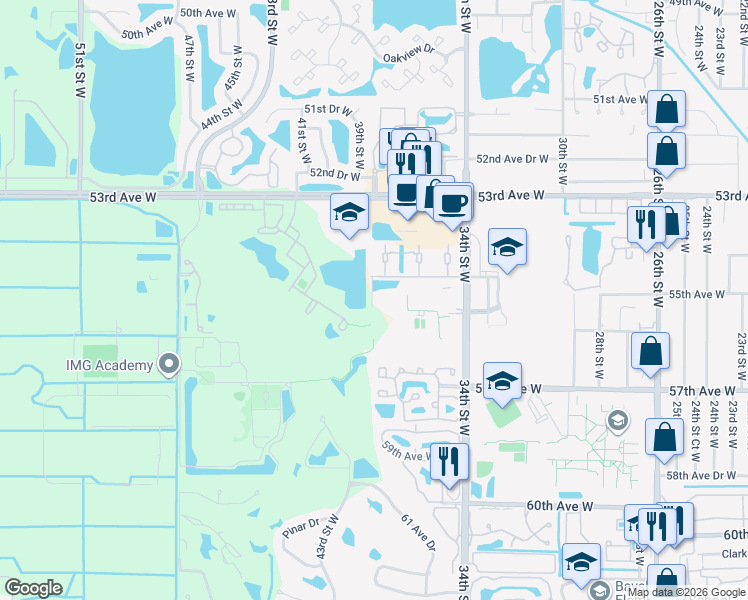 map of restaurants, bars, coffee shops, grocery stores, and more near 3803 54th Drive West in Bradenton