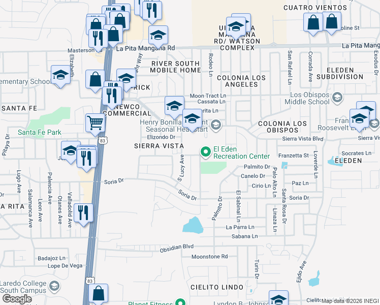 map of restaurants, bars, coffee shops, grocery stores, and more near 2314 Loma Vista Drive in Laredo