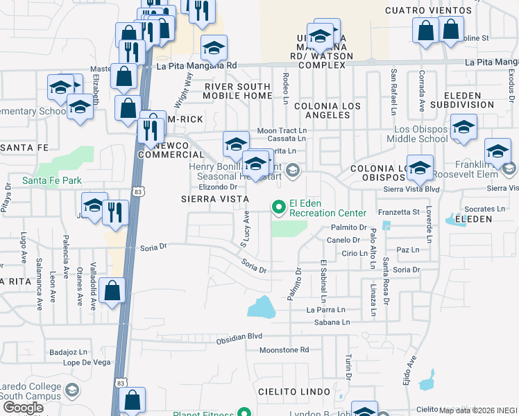 map of restaurants, bars, coffee shops, grocery stores, and more near 2314 Loma Vista Drive in Laredo