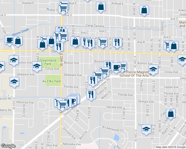 map of restaurants, bars, coffee shops, grocery stores, and more near 1912 Delaware Avenue in Fort Pierce