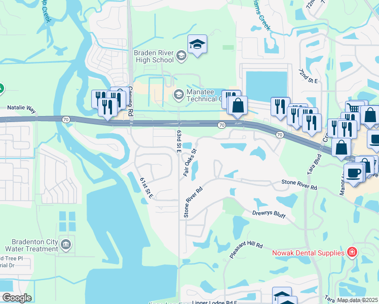 map of restaurants, bars, coffee shops, grocery stores, and more near 6331 Green Oaks Circle in Bradenton
